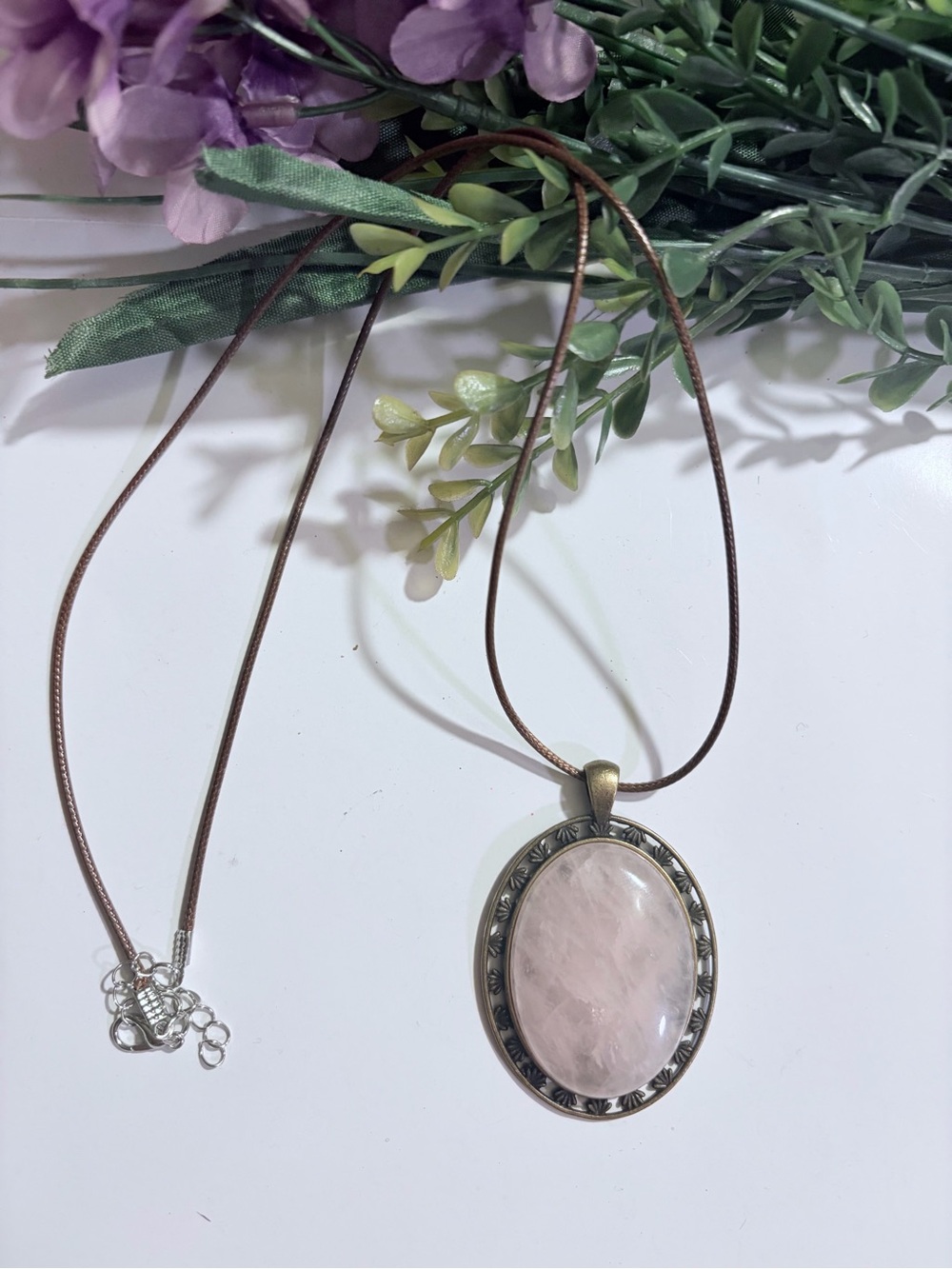 Oval Rose Quartz Pendant Necklace with Brass-Tone Frame - Pink
